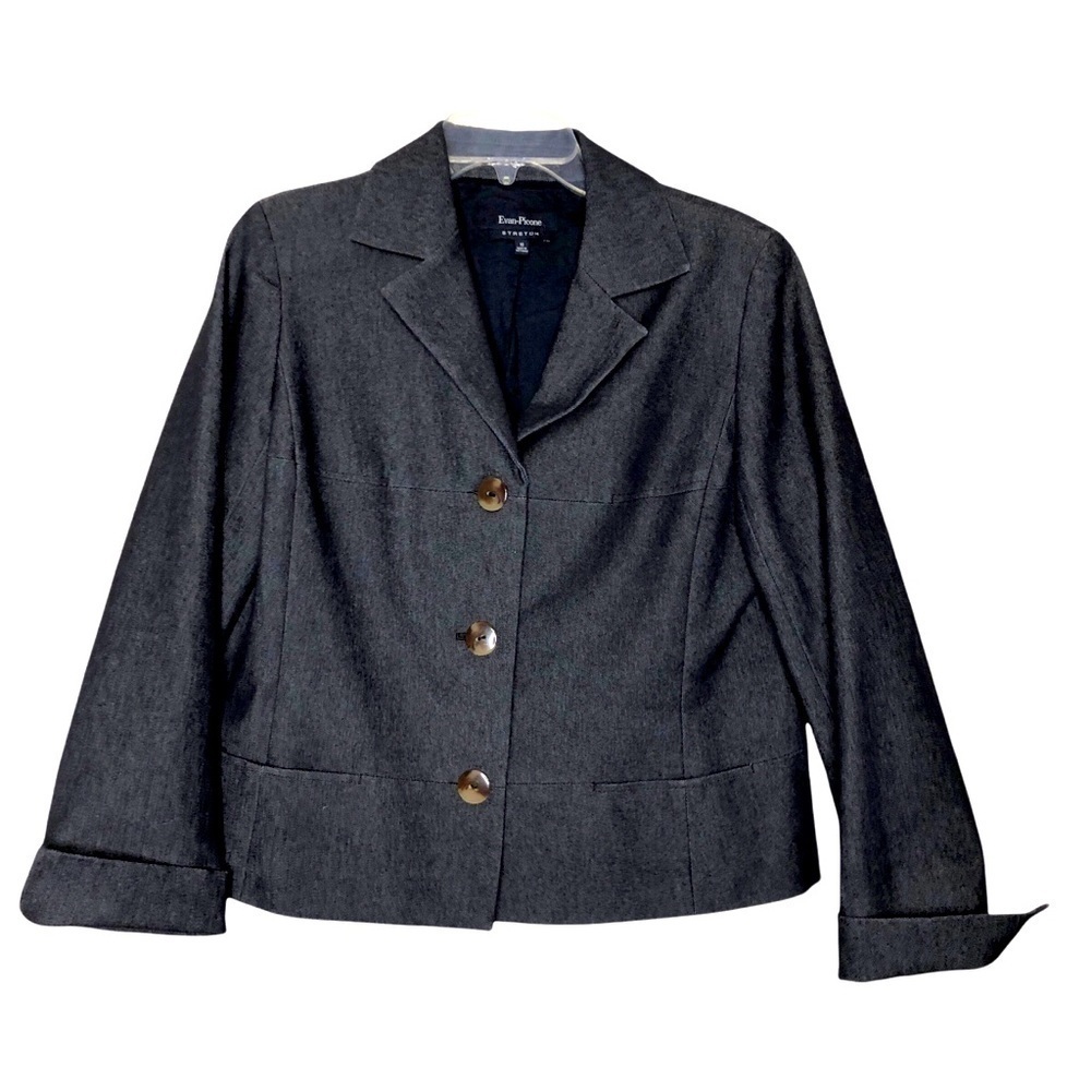 New EVAN PICONE Stretch Short Dark Blue Cotton Denim Button Front Blazer Size 10